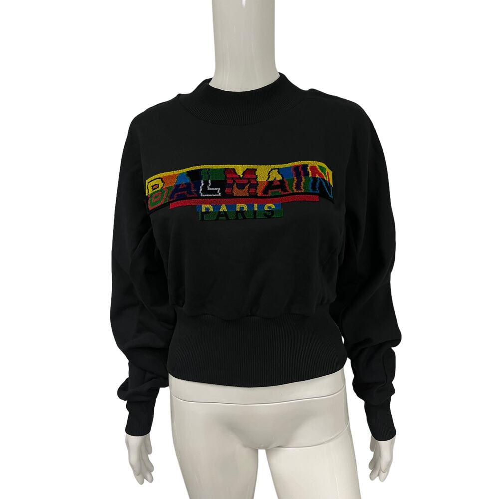 BALMAIN Black Cotton Multicolor Embroidered Pixel Logo Sweatshirt Top S